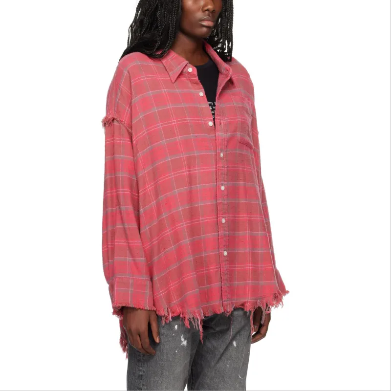 R13 Check Pattern Frayed Trim Distressed Shirt-3