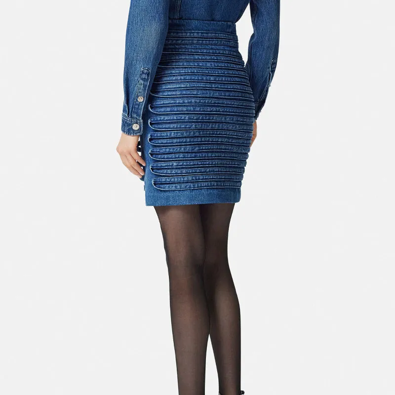 VERSACE High Waist Panel Detailed Denim Mini Skirt-2