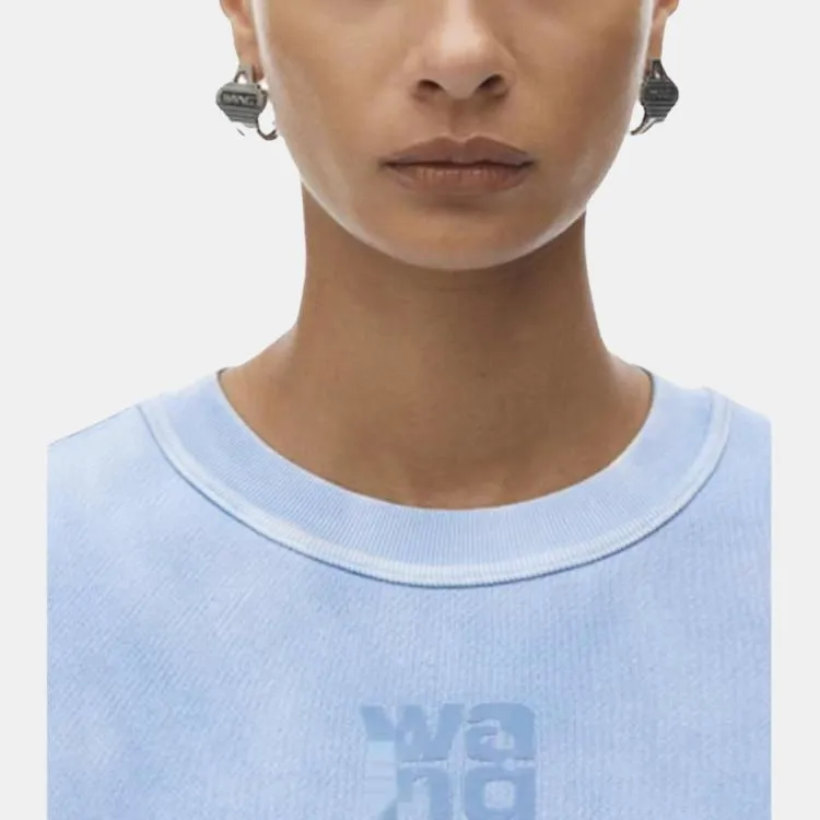 T By Alexander Wang Essential Terry Crew W/ Puff Paint Logo Sweatshirt Washed Pale Blue-4