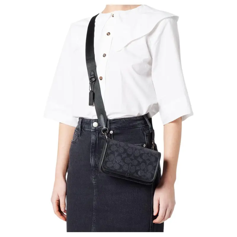 COACH Coated Canvas With Calfskin Cell Phone Pouch, Fanny Pack, Shoulder Bag, Crossbody Bag Trumpets Unisex Charcoal-4