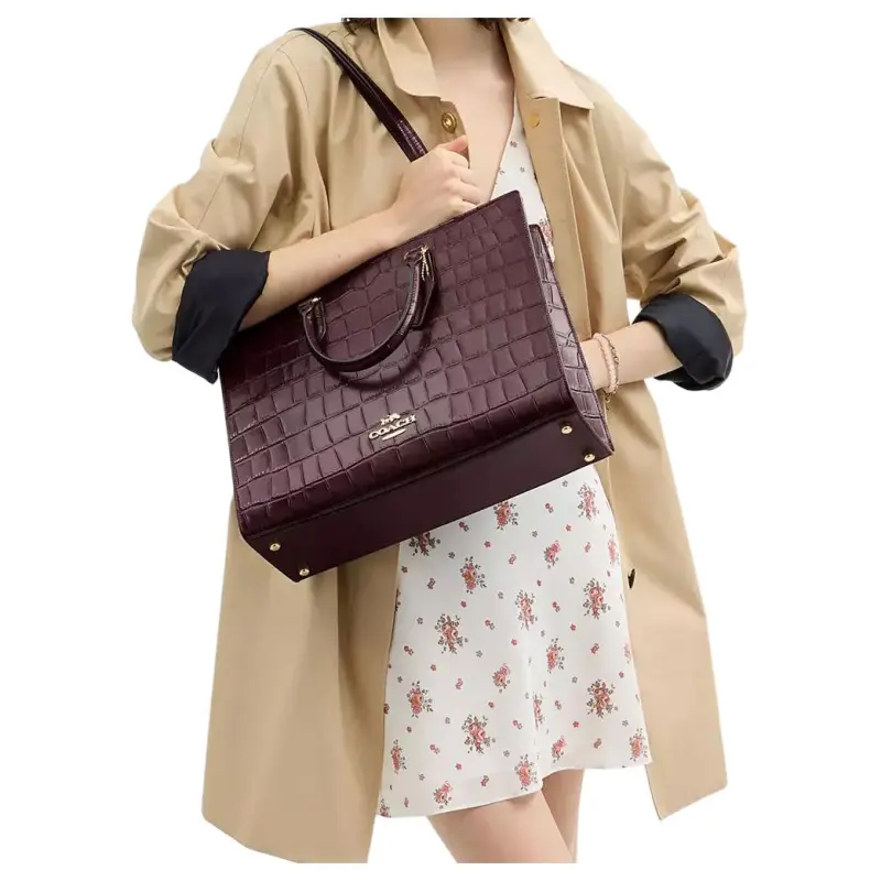 COACH Maggie Crocodile Embossed Leather With Smooth Leather Tote Bag, Shopping Bag, Handbag Tubas Women's Dark Brown-4