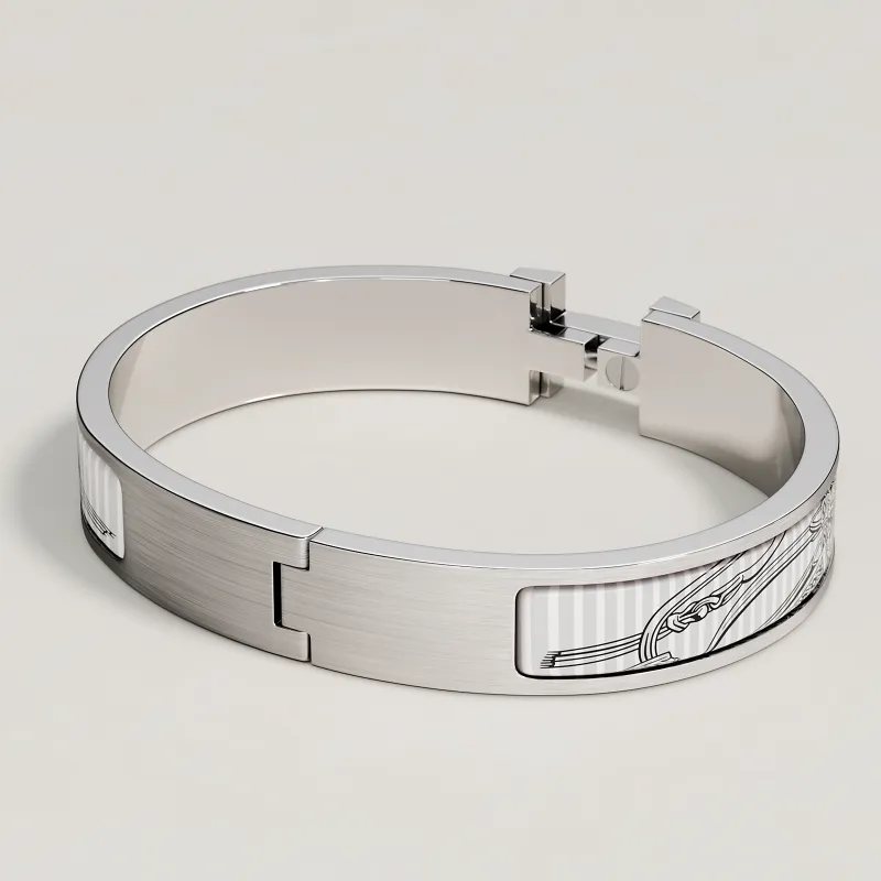 HERMES Enamel, Metal, Palladium Bangles Men's Silver-2