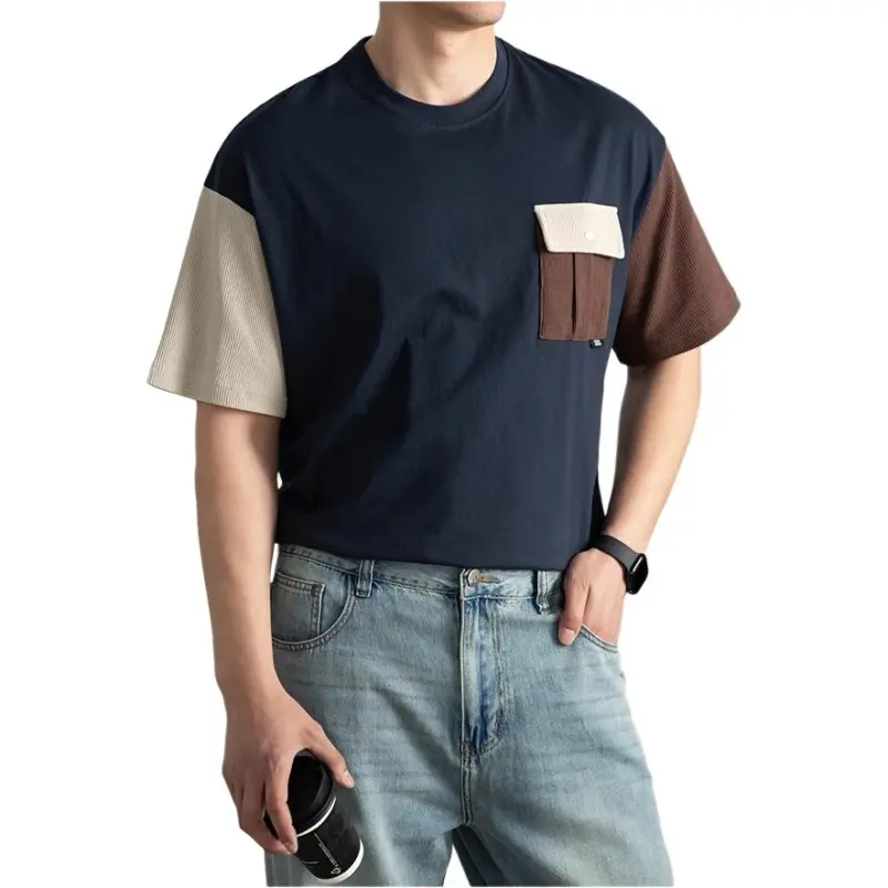 Spanu T Shirts Men Navy Blue & Apricot & Brown-2