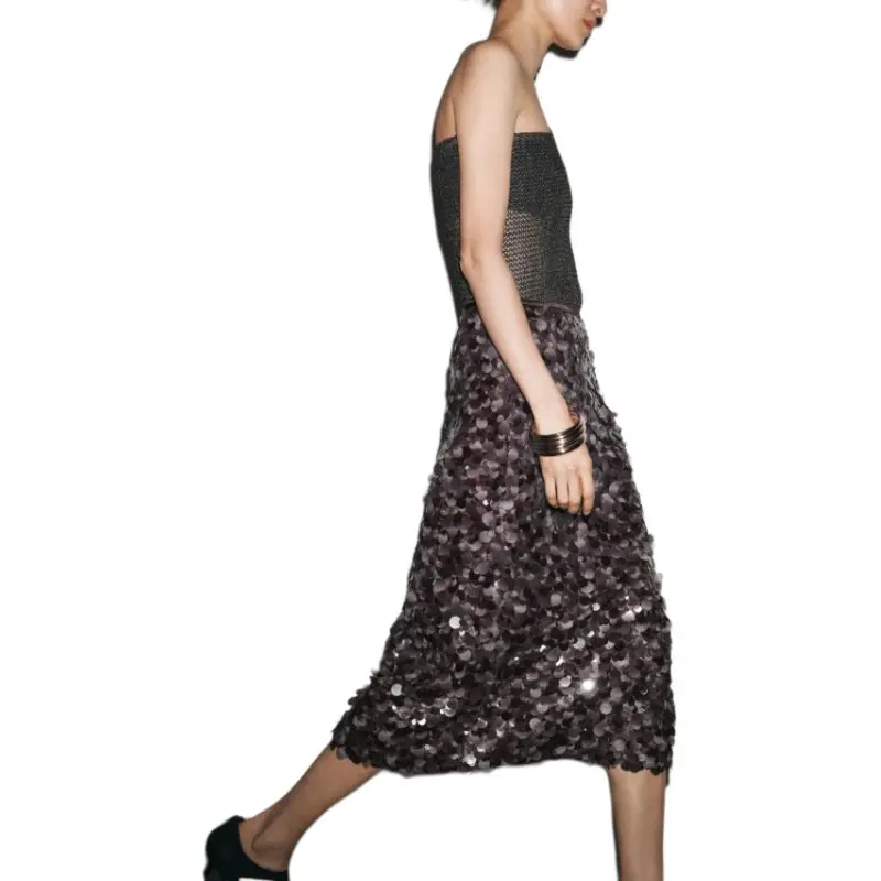 ZARA Casual Long Skirt Women's Dark Purple Red-4