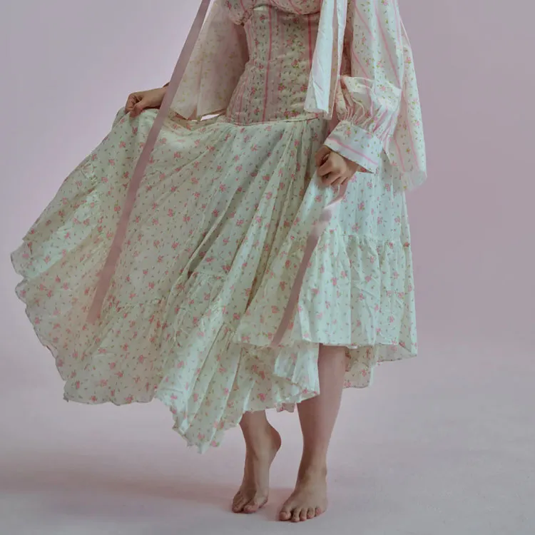 Selkie Collection SS25 Casual Long Skirts Women's White Base With Small Rose Floral Print-2