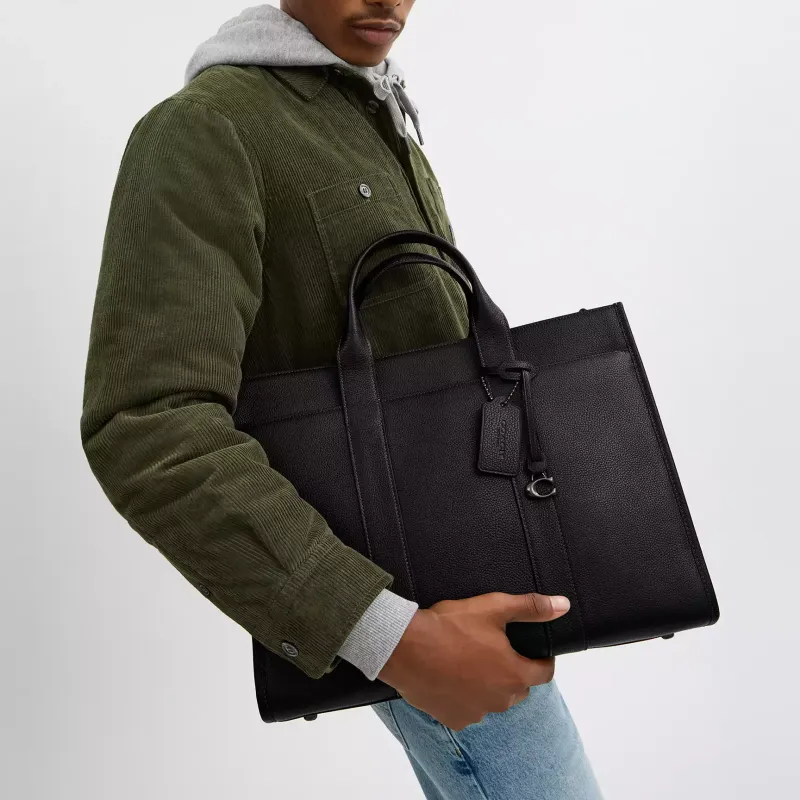 COACH Polished Litchi Grain Leather Tote Bag, Shopping Bag, Handbag Tubas Men's Black-5