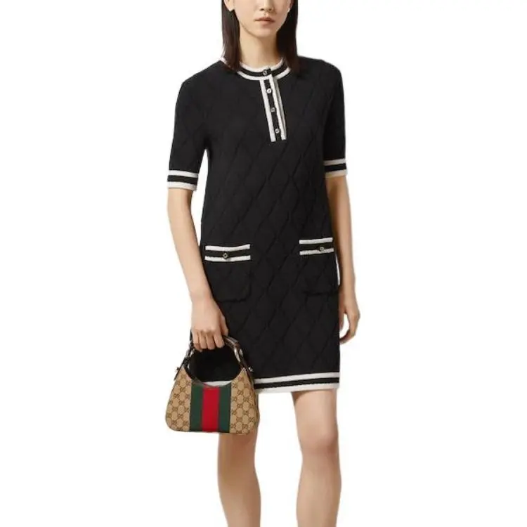 GUCCI Extra Fine Wool Piquet Dress Short Sleeved Dress Women's Black-3
