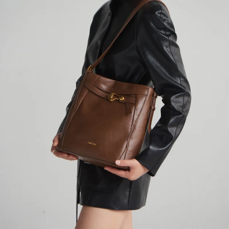 Simedin Cowhide Split Leather Bucket Bag, Shoulder Bag, Crossbody Bag Large Size Women's Coffee/Milk White-5