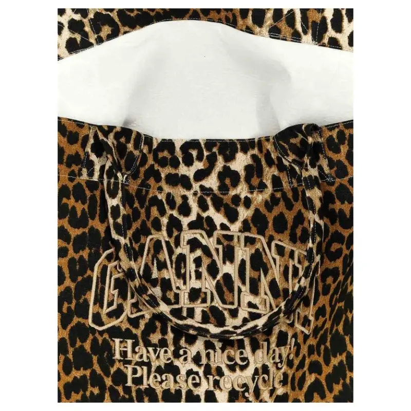 GANNI Recycled Cotton Tote Bag, Shopping Bag, Handbag Extra Large Women's Leopard Print-4
