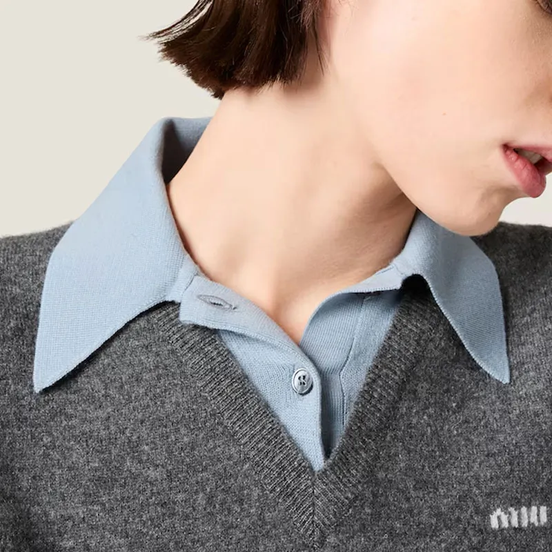 MIU MIU Cashmere Wool Polo Gray/Blue Cashmere-4