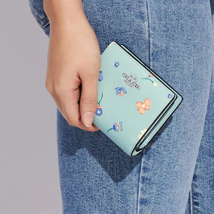 COACH Snap Wallet Coated Canvas With Leather Short Wallets Mini Women's Light Blue-Green-2