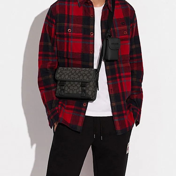 COACH League Monogram Canvas With Genuine Leather Shoulder Bag Crossbody Bag Small Size Men's Black-4