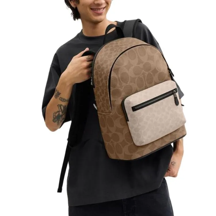COACH West Artificial Leather Backpack Large Size Men's Sand Yellow & Brown Yellow-3