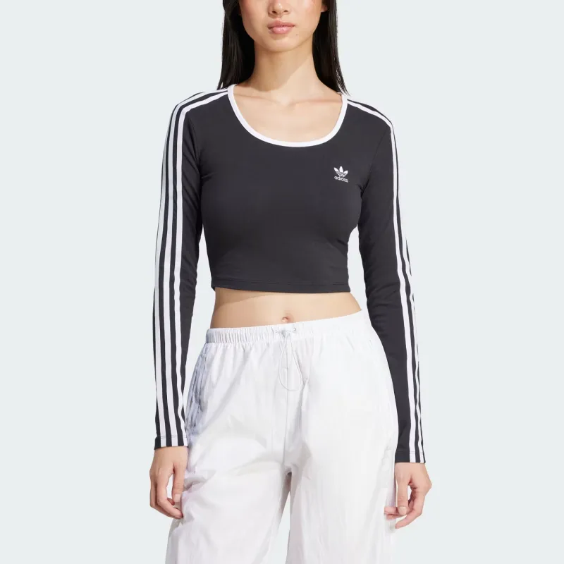 Adidas Women's Adicolor 3 Stripes Long Sleeve Crop Long Sleeve Top Black-2