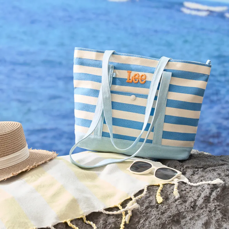 Lee Fabric Tote Handbag, Shoulder Bag Regular Women's Blue White Stripes-1