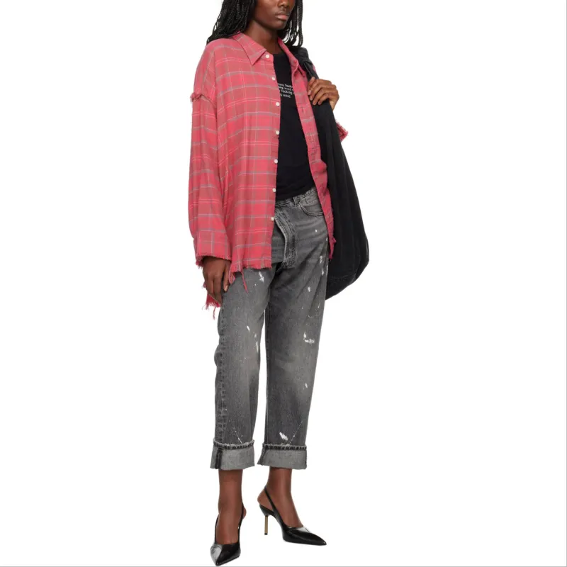 R13 Check Pattern Frayed Trim Distressed Shirt-4