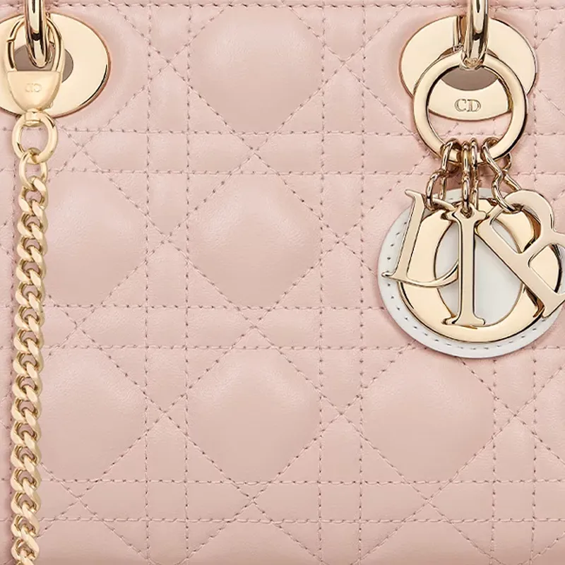 DIOR Lady Dior Sheepskin Shoulder Bag Crossbody Bag Handbag Mini Women's Milk White With Blush Pink And Peach Pink-3
