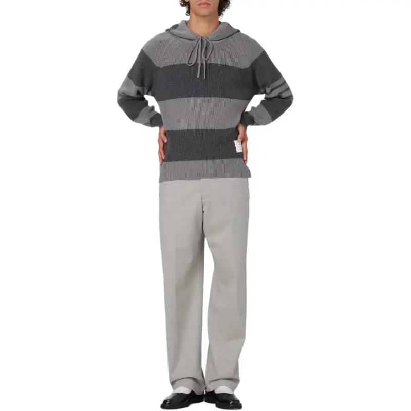 THOM BROWNE 4 Bar Striped Knitted Drawstring Hoodie-4
