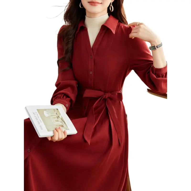 【dme】 Long Sleeved Dress Women's Sauce Red-5