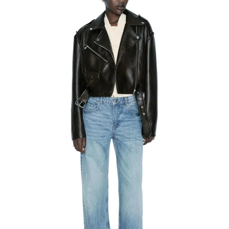 ZARA Leather Jacket Women's Dark Brown-3