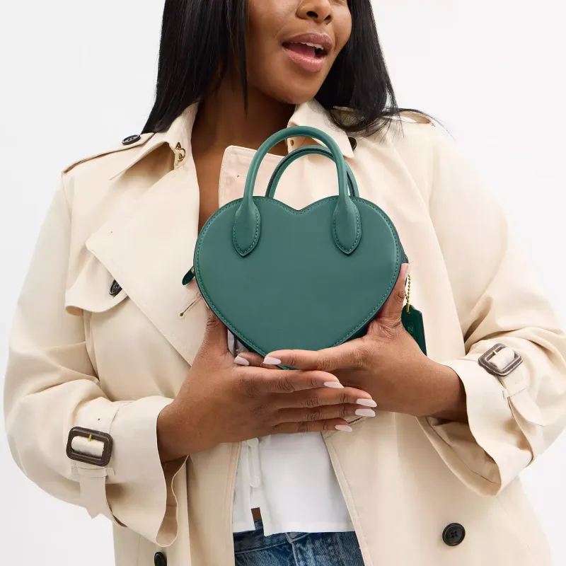 COACH Leather Heart Shaped Bag, One Shoulder Handbag Trumpets Women's Green-6
