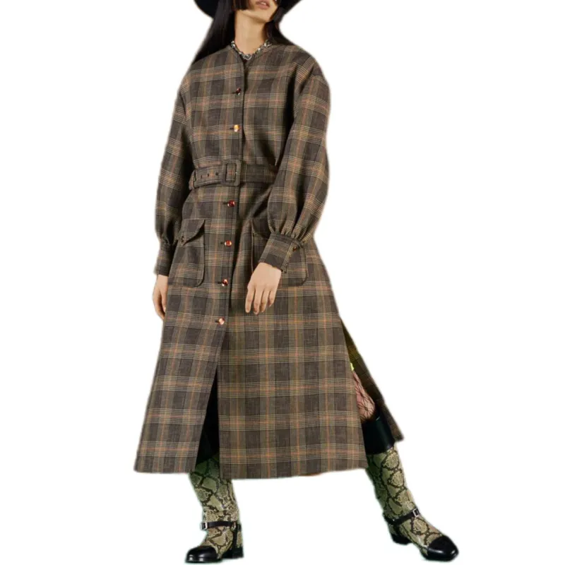 GUCCI Prince Of Wales Check Belted Mid-Length Coat-3