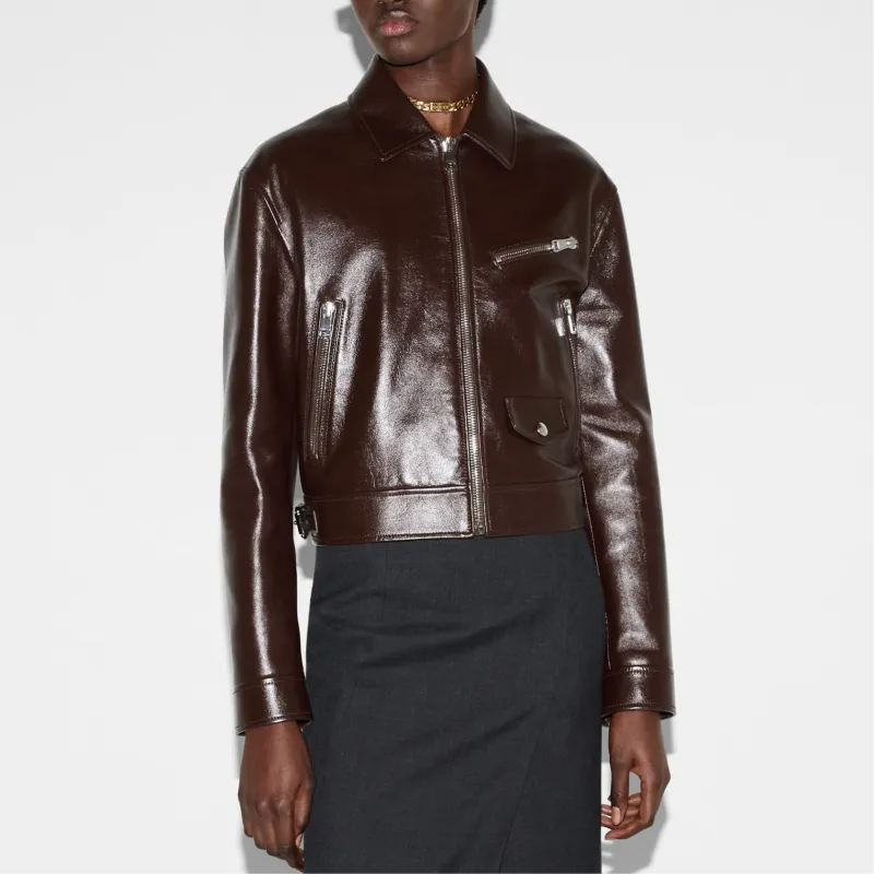 GUCCI Leather Debossed Jacket 'Brown'-3