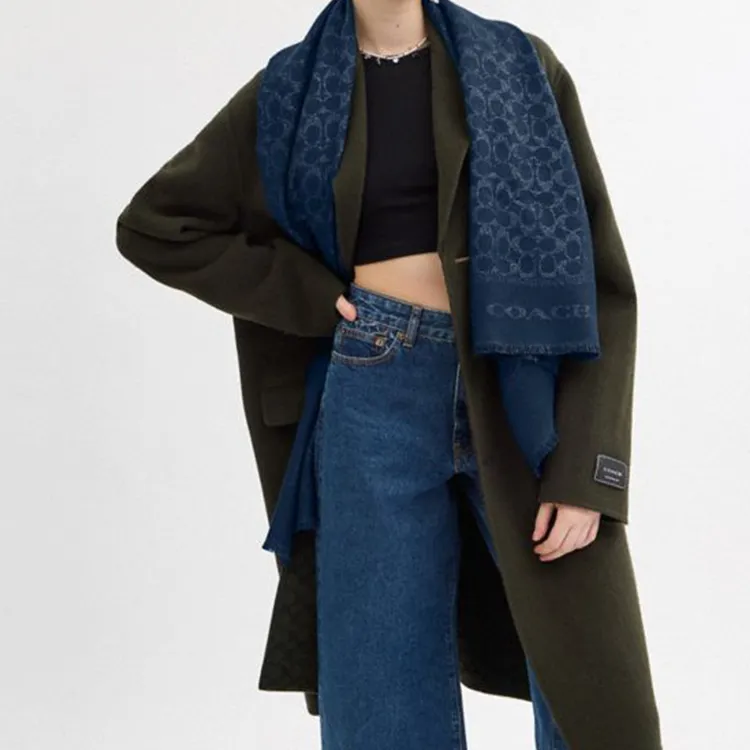 COACH Sheep Wool, Viscose, Polyester, Metal Coated Fiber Knit Scarves Unisex Blue-2