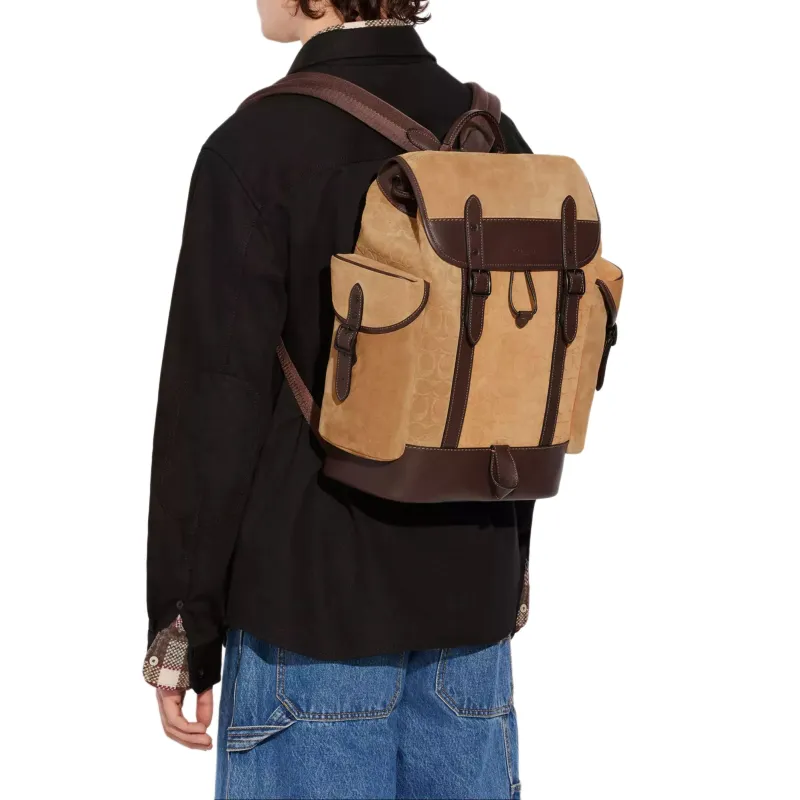COACH Hitch Calfskin Suede Travel Bags Backpack Large Size Men's Yellow And Brown-4
