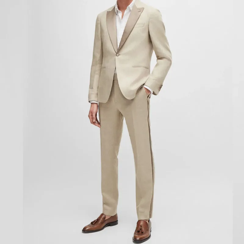HUGO BOSS Slim-Fit Tuxedo In Micro-Patterned Linen Business Suits Men's Brown-3