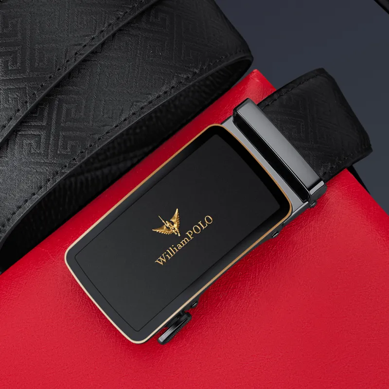 WilliamPOLO Cow Leather Leather Belts Men's Gunmetal Buckle Gold Logo 3.5cm Width-6