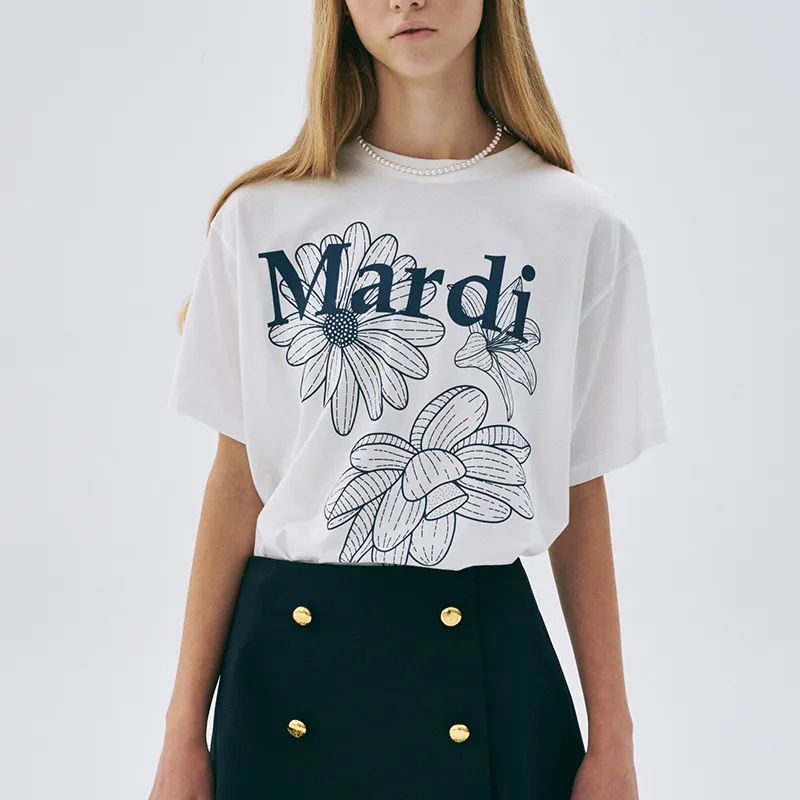 MARDI MERCREDI Three Flowers Collection SS25 T-Shirt Women's Ivory Navy Blue Korean Style-1