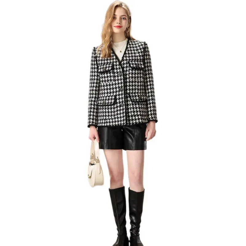 FENHONGMALI Jackets & Coats Women's Black White Plaid-3