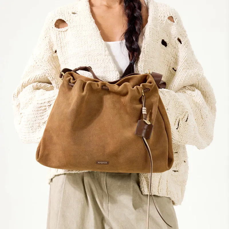 Songmont Split Cow Leather Suede Crossbody Bag, Shoulder Bag Medium Size Unisex Sand Dusk Brown-10