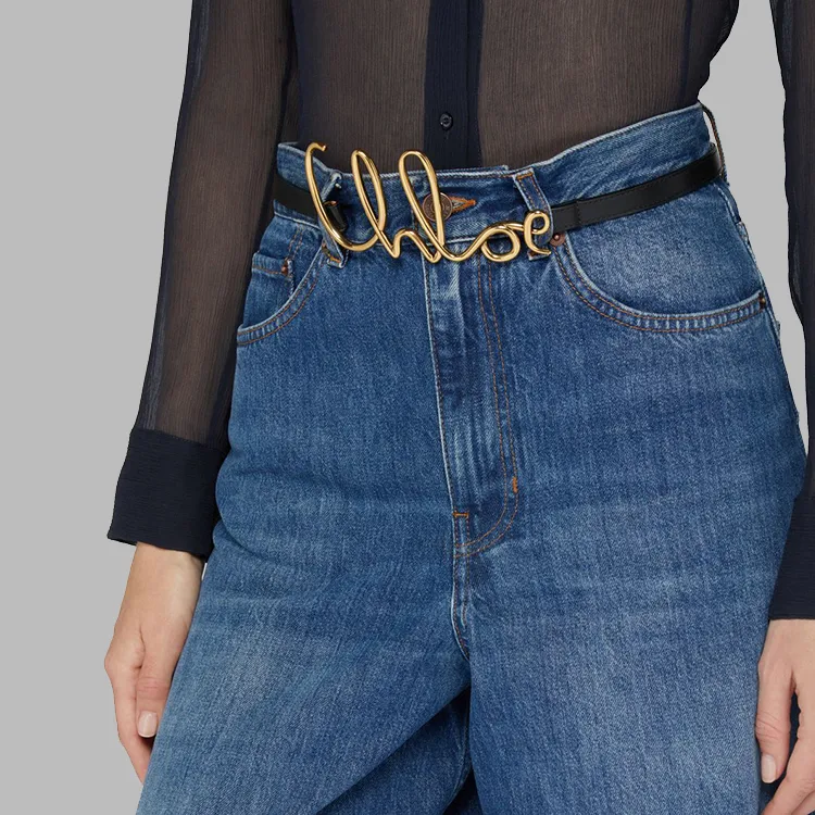 Chloe Logo Identification Domestic Bullhide Leather Belts Women's Black-2
