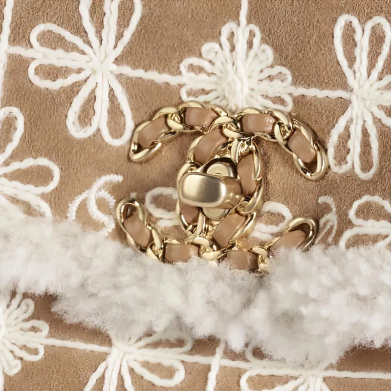 CHANEL 19Bag Embroidery Suede Lambskin Plush Crossbody Bag Women's Camel White-2