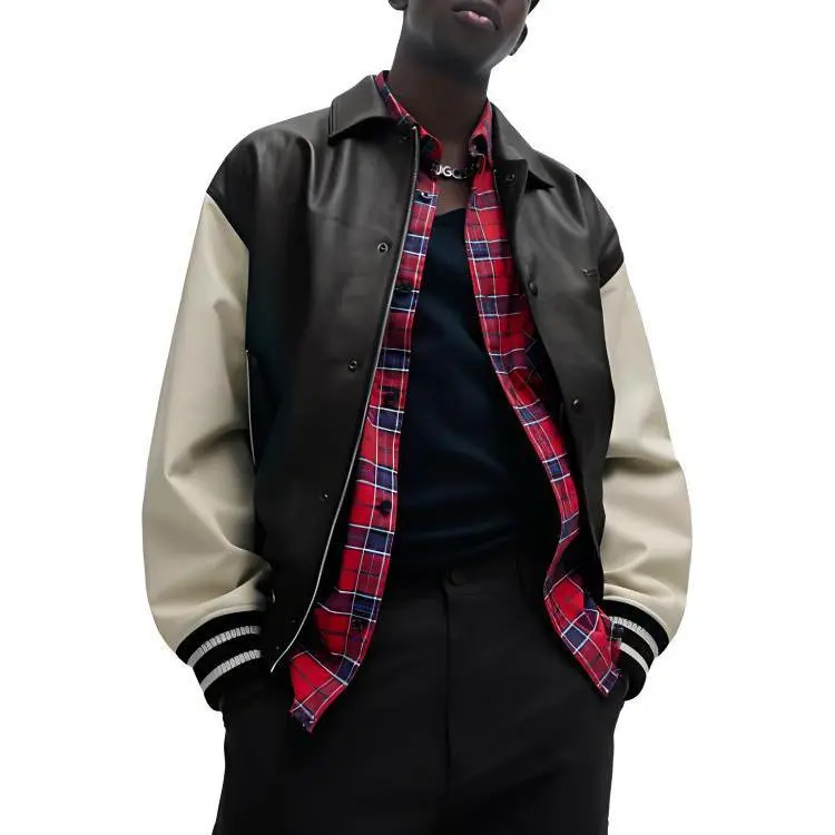HUGO BOSS FW23 Leather Varsity Jacket With Oversized Embossed Logo Jackets Coats Men's Black-2