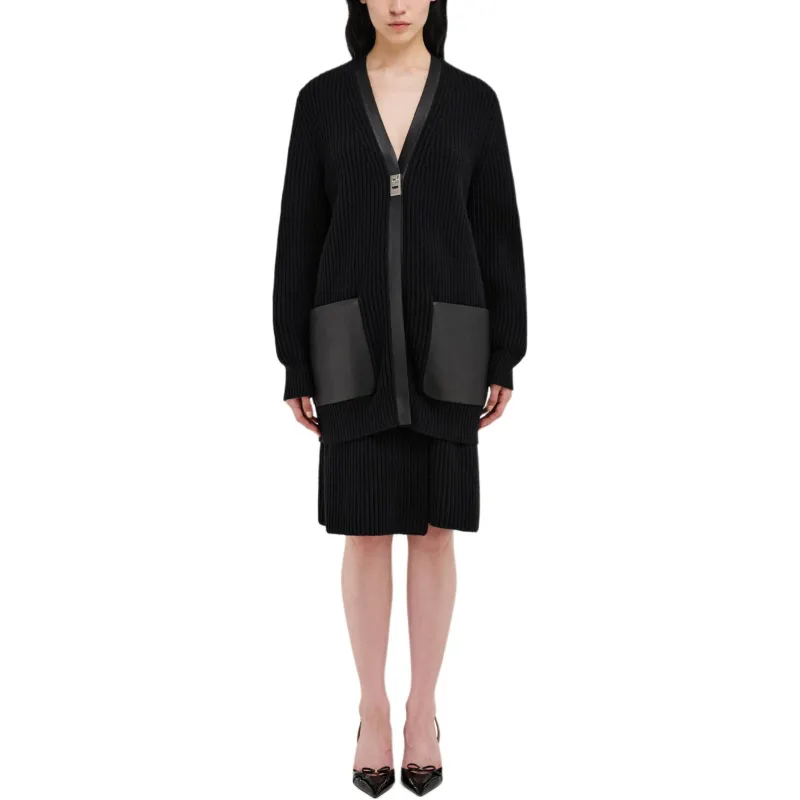 Ferragamo Leather Trimmed V Neck Cardigan-1