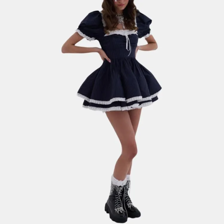 Selkie Collection FW24 Short Sleeved Dresses Women's Dark Blue Stripes Print-3