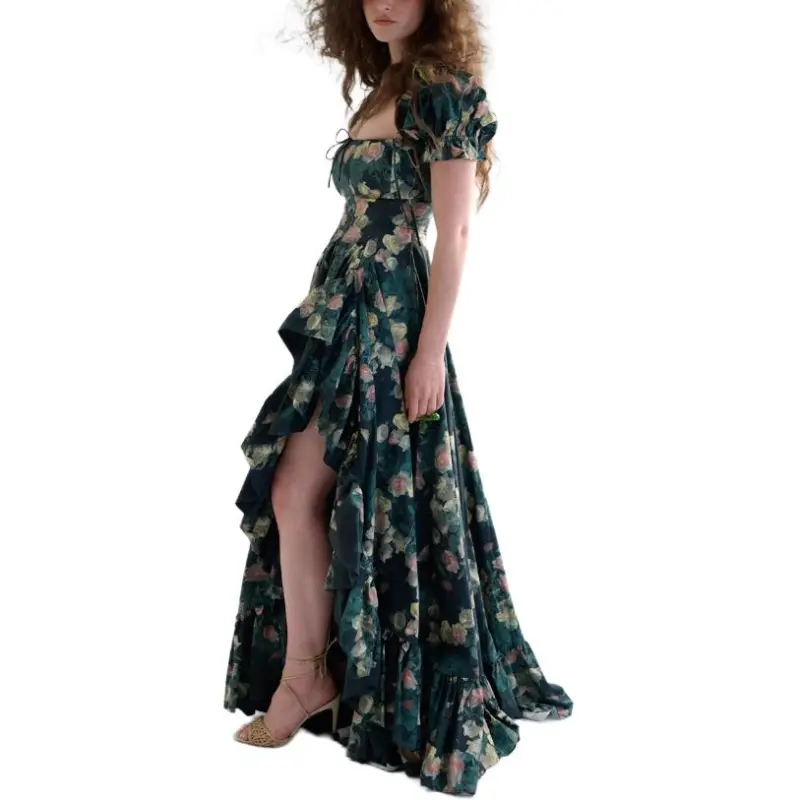 Selkie Collection SS25 Short Sleeved Dress Women's Dark Green With Crying Rose Print-4