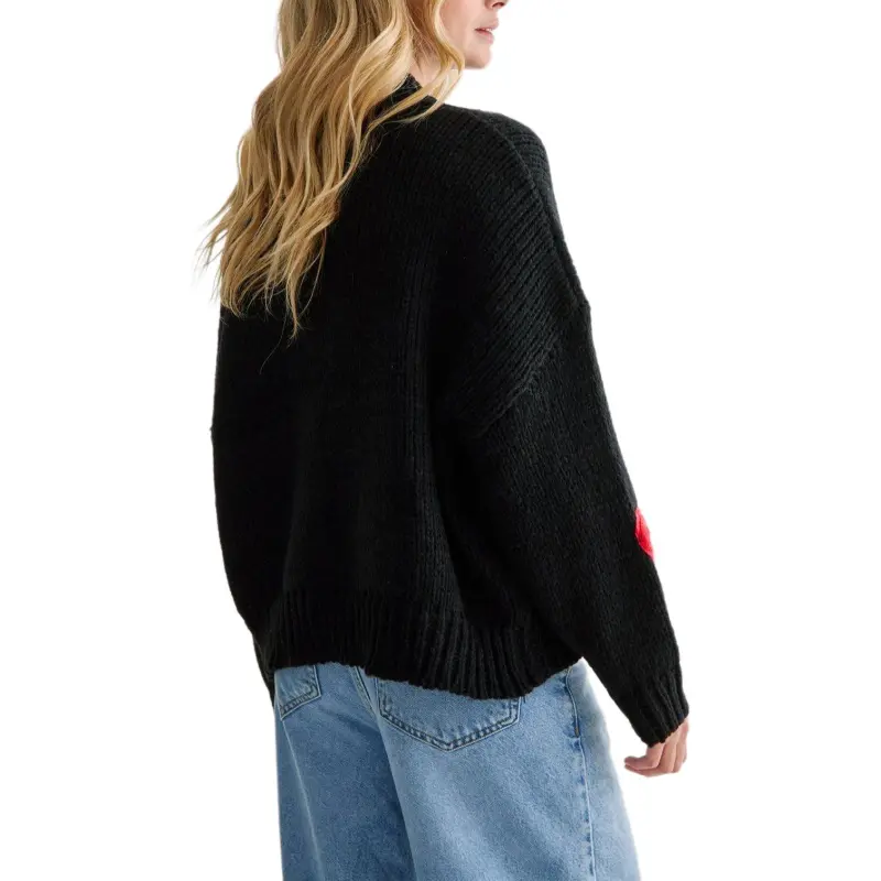 NASTY GAL Chunky Knit Flower Detail Crew Neck Jumper Knitwear Women's Black-1