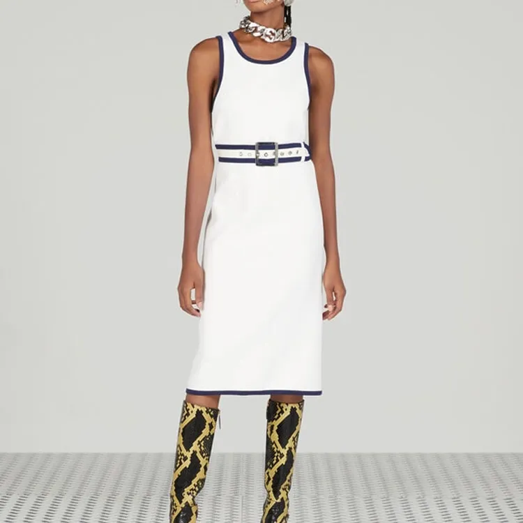 GUCCI Sleeveless Belted Dress White/Navy-1