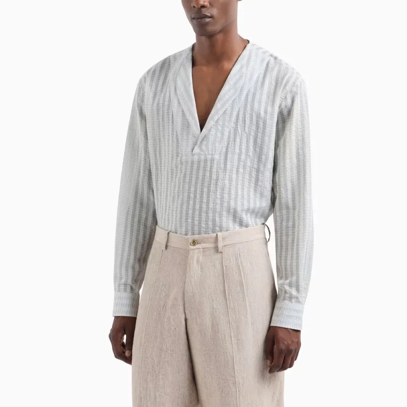GIORGIO ARMANI Striped Cotton And Silk Polo Shirt-1