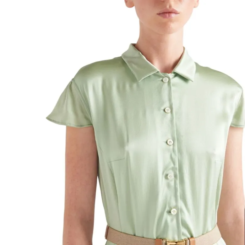 PRADA Printed Satin Crepe Dress Short-Sleeved Dresses Women's Light Green-1