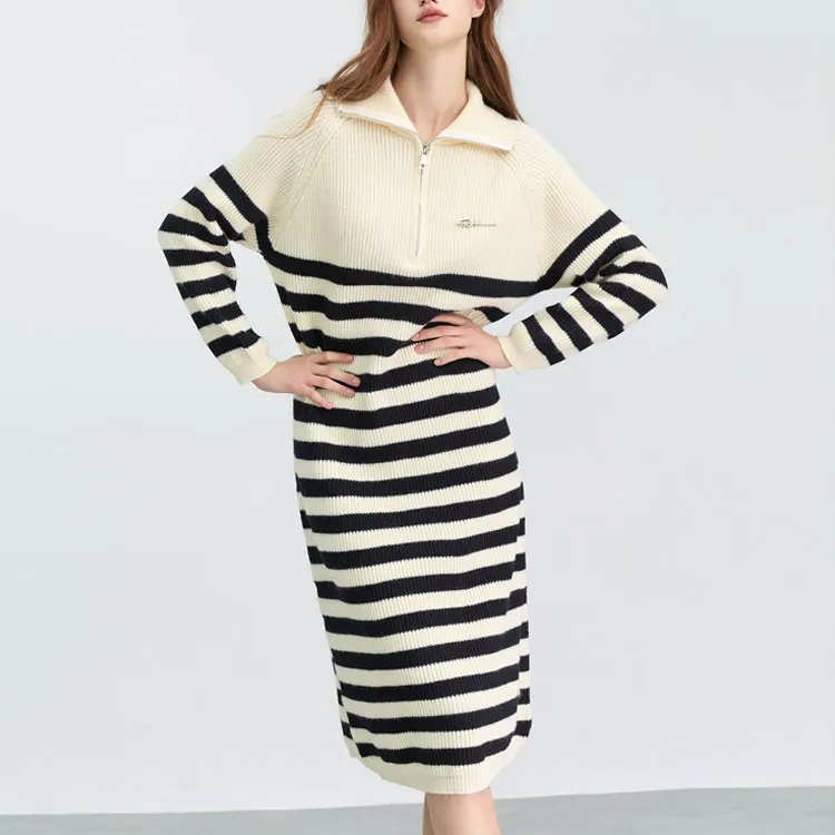 BASIC HOUSE Long-Sleeved Dresses Women's Black White Stripes-2