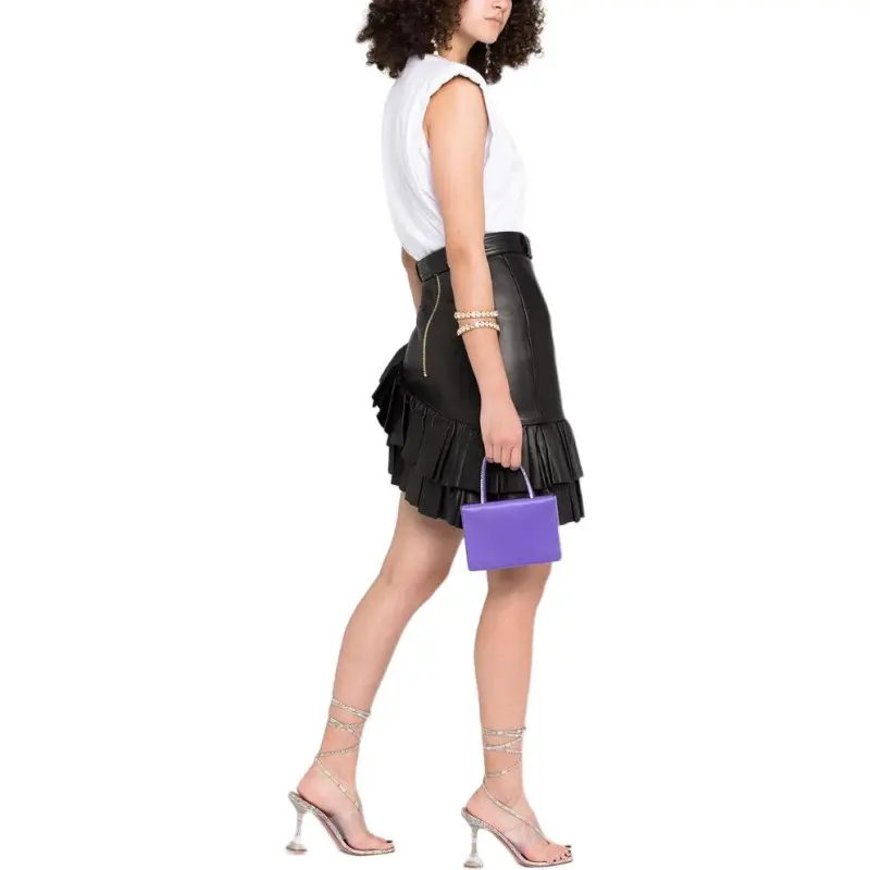 BALMAIN Short Asymmetric Ruffled Leather Skirt-5