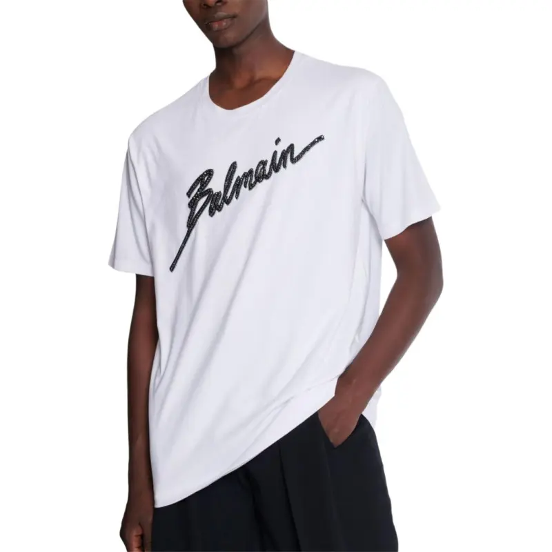 BALMAIN Logo Embellished Crewneck T Shirt-4