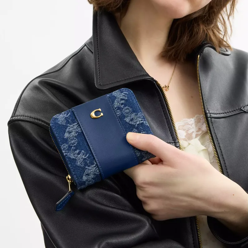COACH Leather With Denim Wallet Mini Women's Blue-2