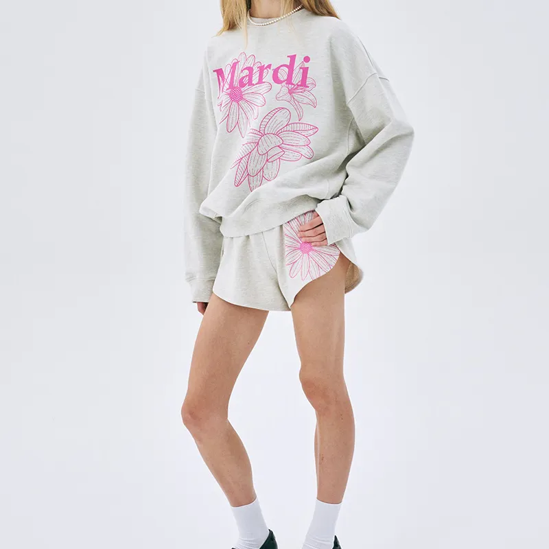MARDI MERCREDI SS25 SWEATSHIRT TRIPLE FLOWER_OATMEAL PINK Sweatshirt Korean Style Women's Oatmeal Pink-1