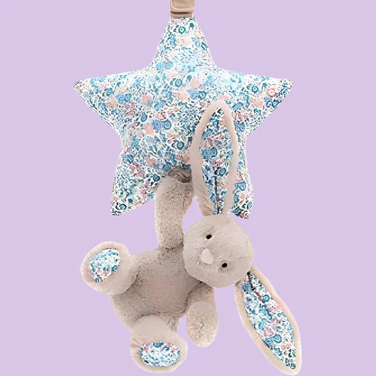 JELLYCAT Bunny Collection Floral Print Bunny, Music Bell Pull Blue Dolls Plush Doll 28cm High-1